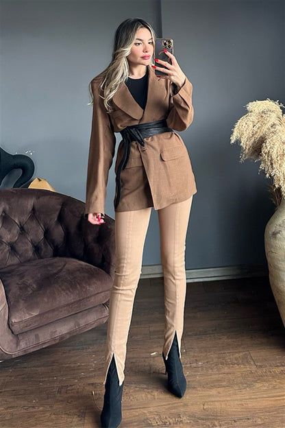 Kahve cep detaylı blazer ceket