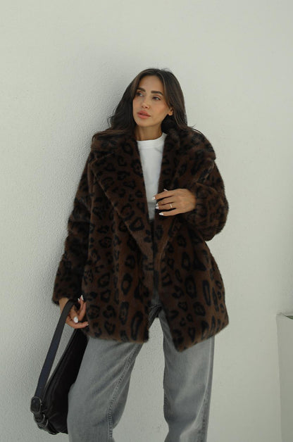 KAHVE LEOPAR SUNI KÜRK KABAN