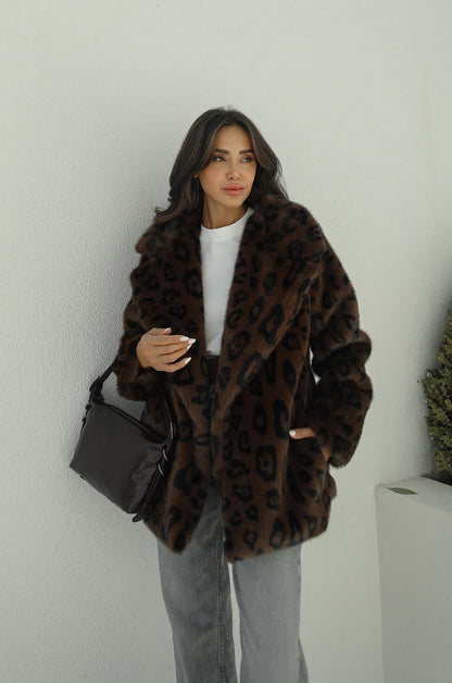 KAHVE LEOPAR SUNI KÜRK KABAN