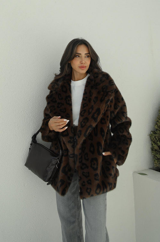 KAHVE LEOPAR SUNI KÜRK KABAN