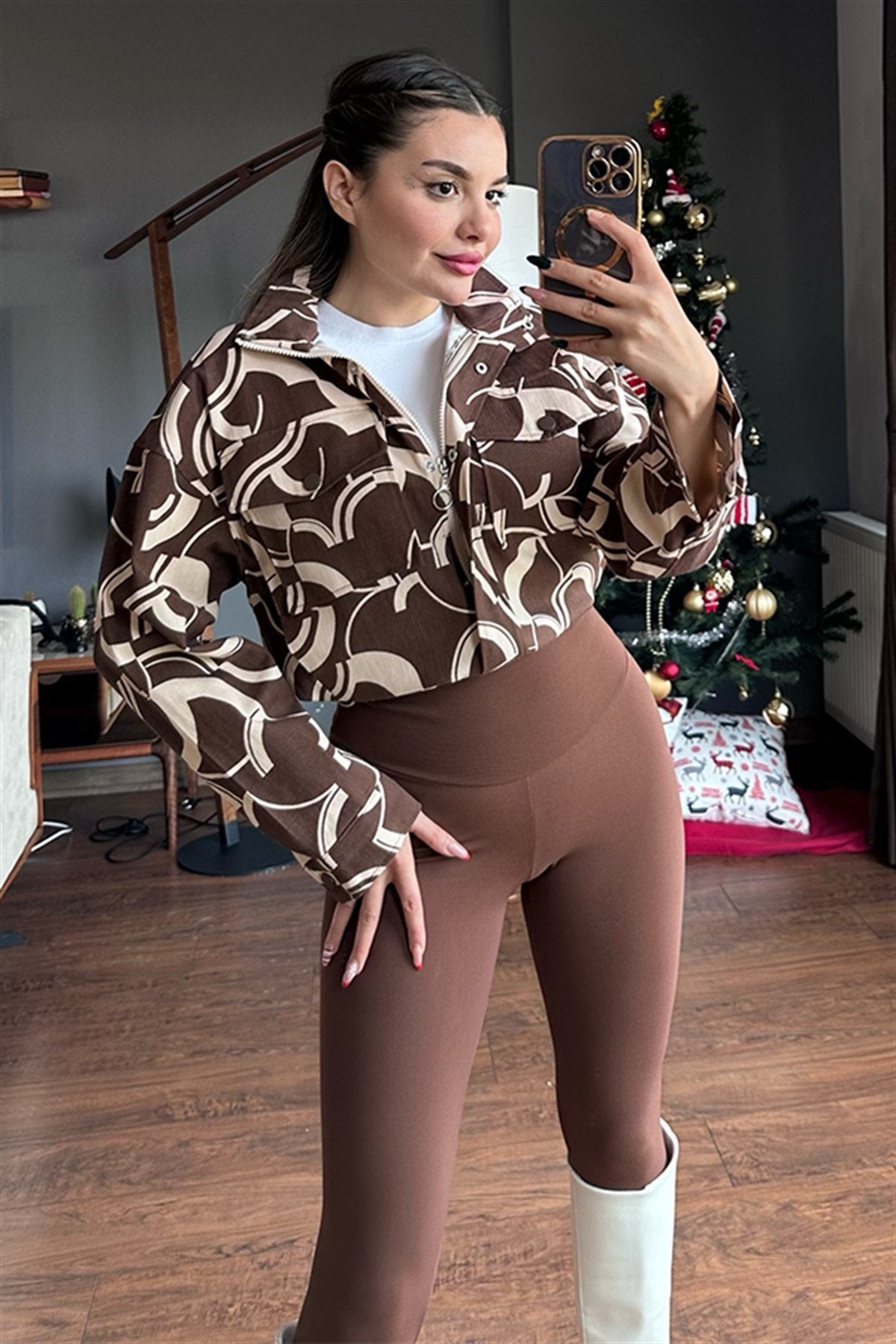 Kahve tribal desen bomber ceket