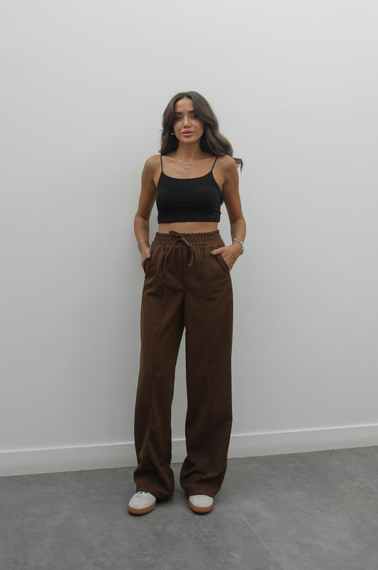 KAHVERENGI BELI LASTIKLI ÖNÜ DIKIŞLI PANTOLON