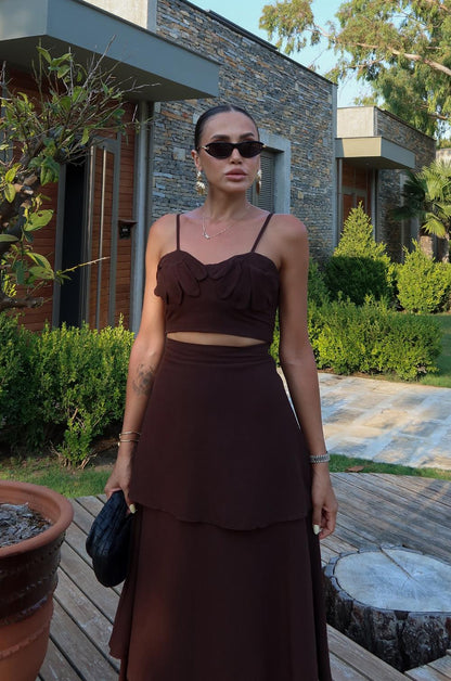 KAHVERENGI ÇIÇEK DETAYLI CROP ETEK KETEN TAKIM
