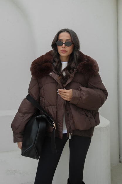 KAHVERENGI DELUXE KÜRK DETAYLI ŞIŞME MONT
