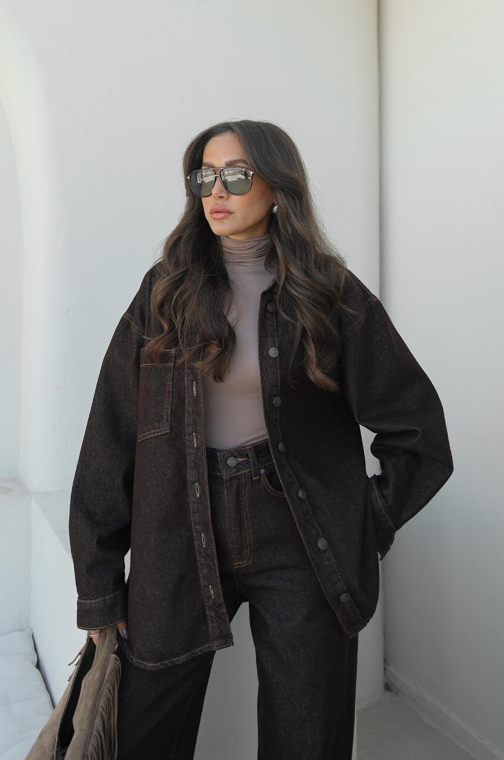 KAHVERENGI TEK CEPLI CEKET PANTOLON DENIM TAKIM