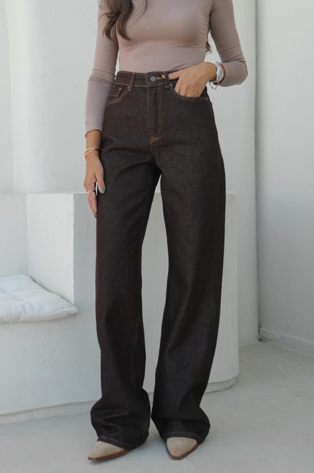 KAHVERENGI TEK CEPLI CEKET PANTOLON DENIM TAKIM