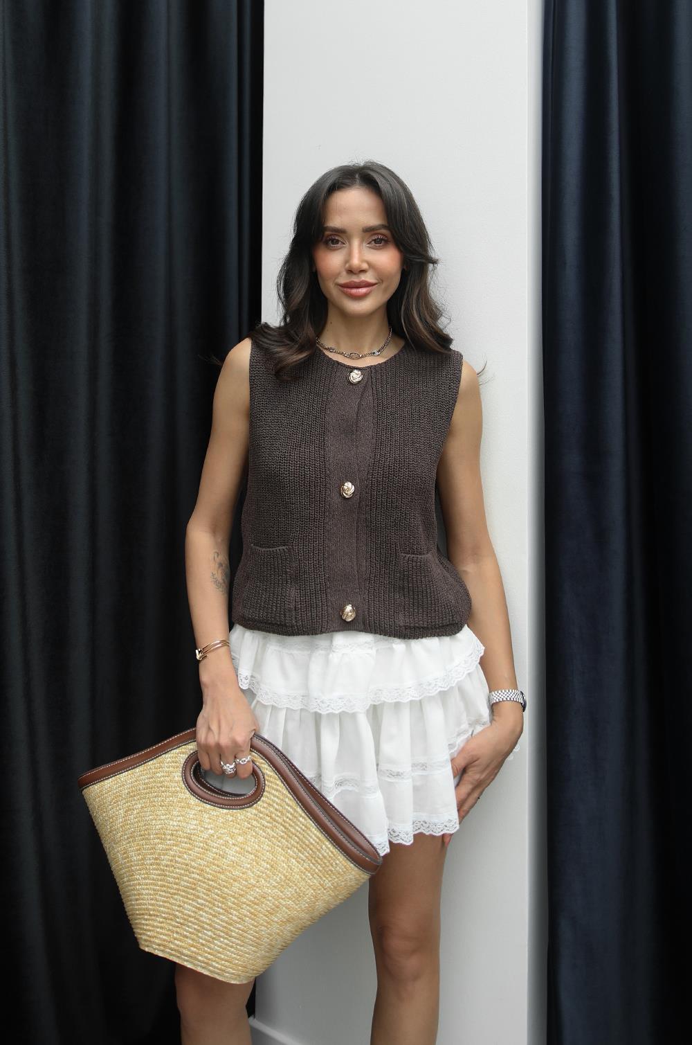 KAHVERENGI TRIKO BLUZ YELEK