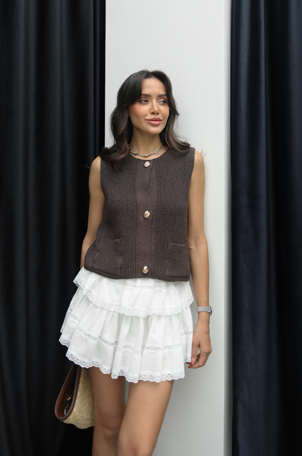 KAHVERENGI TRIKO BLUZ YELEK