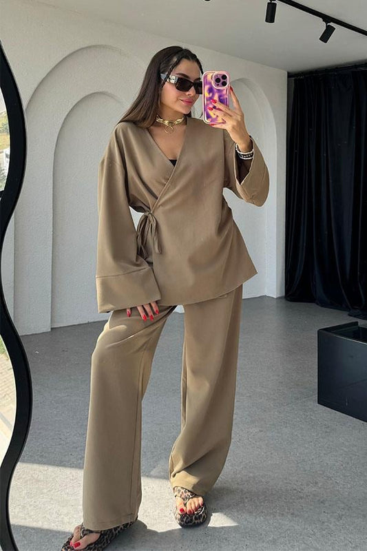 Karoline Bağlamalı Kimonolu Haki Takım