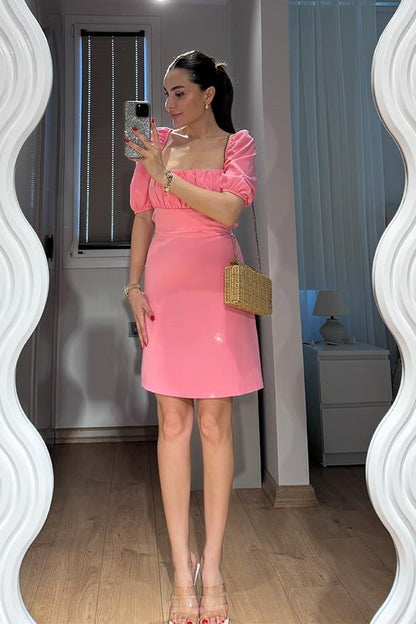 Kaylee Balon Kol Sırt Dekolteli Elbise-Pembe