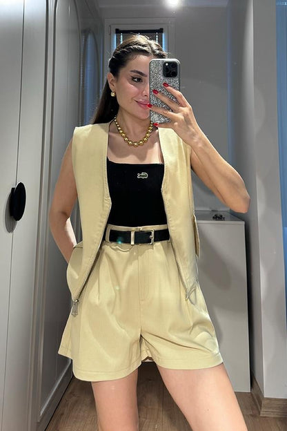 Keli Yelekli Poplin Takım - Bej