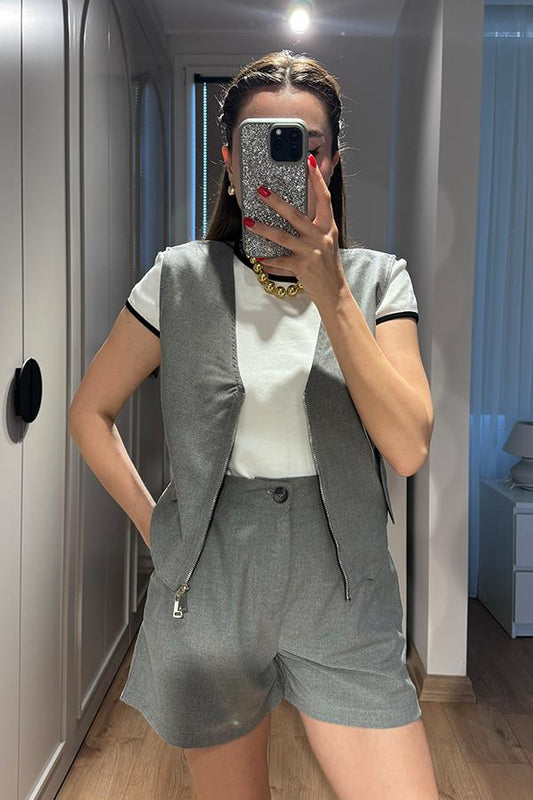 Keli Yelekli Poplin Takım - Füme