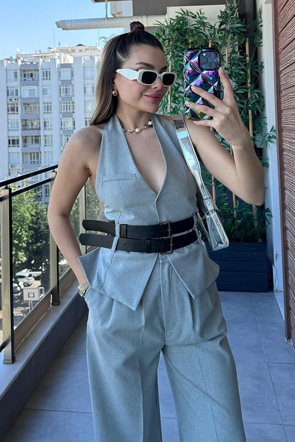 Kenedy Çift Kemerli Tasarım Yelekli Takım - Gri