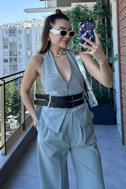 Kenedy Çift Kemerli Tasarım Yelekli Takım - Gri