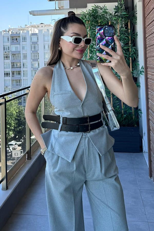 Kenedy Çift Kemerli Tasarım Yelekli Takım - Gri