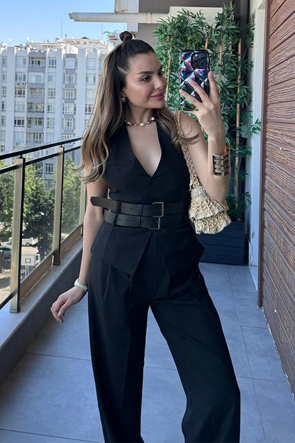 Kenedy Çift Kemerli Tasarım Yelekli Takım - Siyah