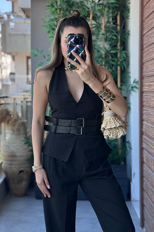 Kenedy Çift Kemerli Tasarım Yelekli Takım - Siyah