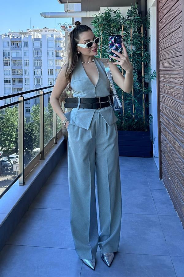 Kenedy Çift Kemerli Tasarım Yelekli Takım - Gri