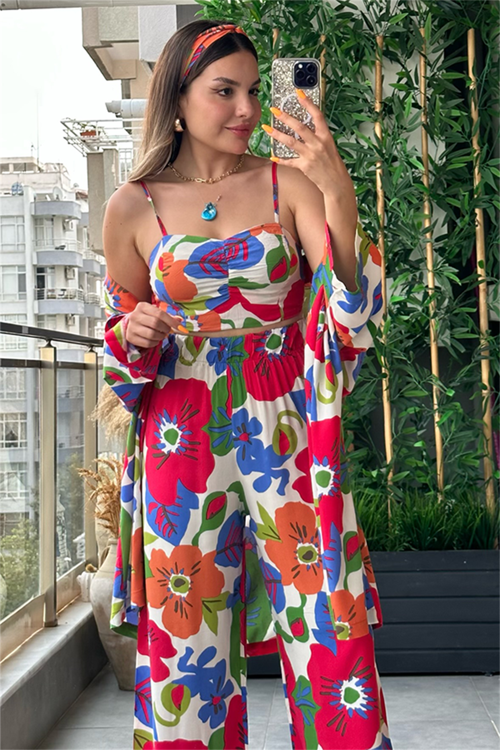 Kenneth kırmızı ağırlıklı çiçekli kimonolu takım