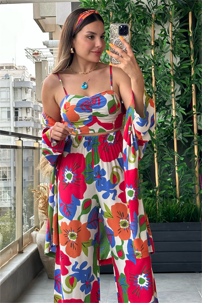 Kenneth kırmızı ağırlıklı çiçekli kimonolu takım