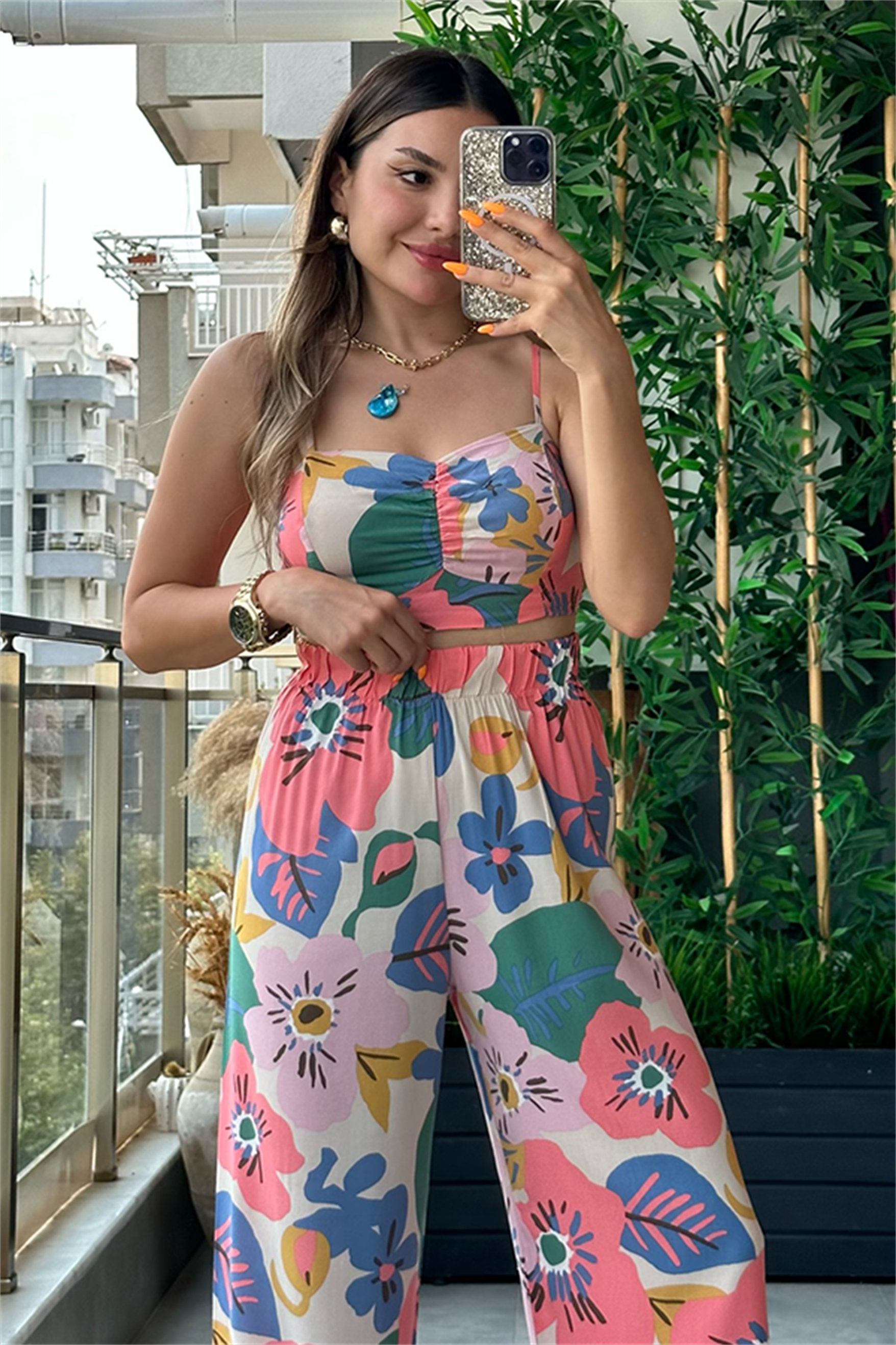 Kenneth pembe ağırlıklı çiçekli kimonolu takım