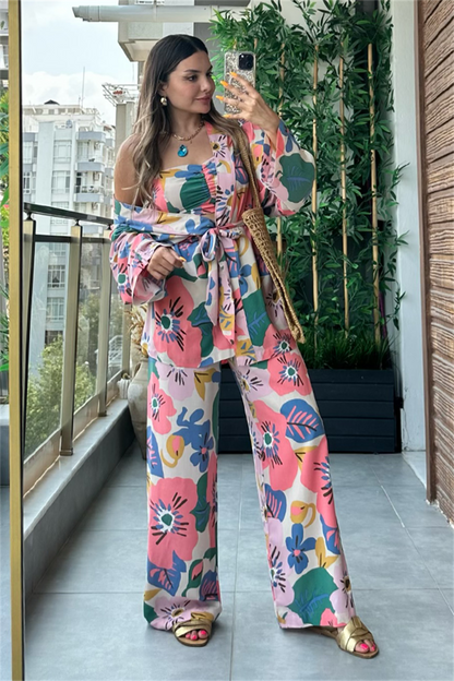 Kenneth pembe ağırlıklı çiçekli kimonolu takım