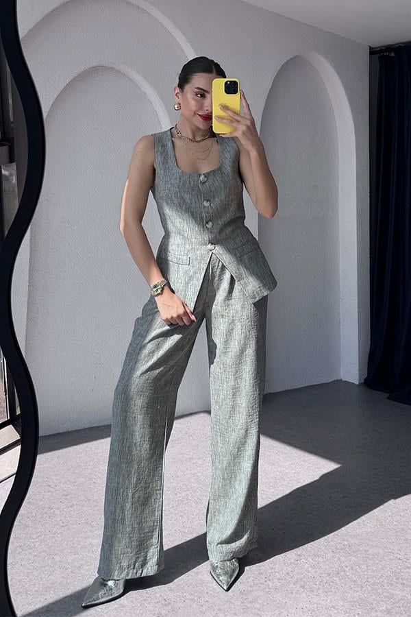 Kenyon Keten Yelekli Pantolon Takım-Füme