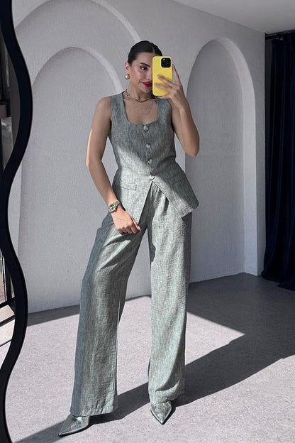 Kenyon Keten Yelekli Pantolon Takım-Füme