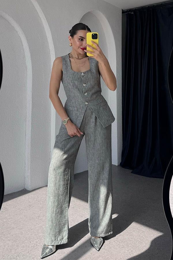 Kenyon Keten Yelekli Pantolon Takım-Füme