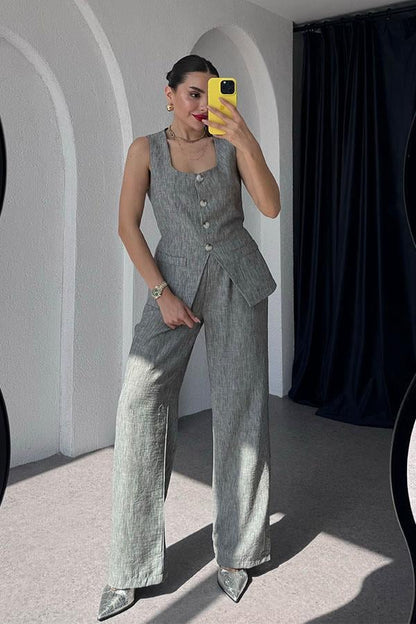 Kenyon Keten Yelekli Pantolon Takım-Füme