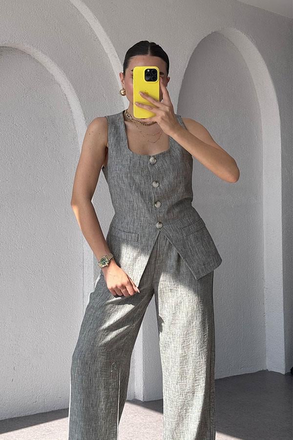 Kenyon Keten Yelekli Pantolon Takım-Füme