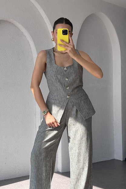 Kenyon Keten Yelekli Pantolon Takım-Füme