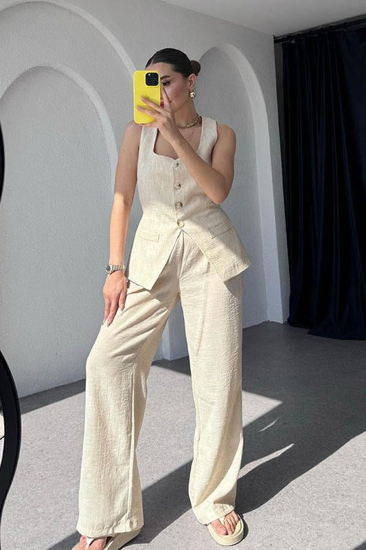 Kenyon Keten Yelekli Pantolon Takım-Krem