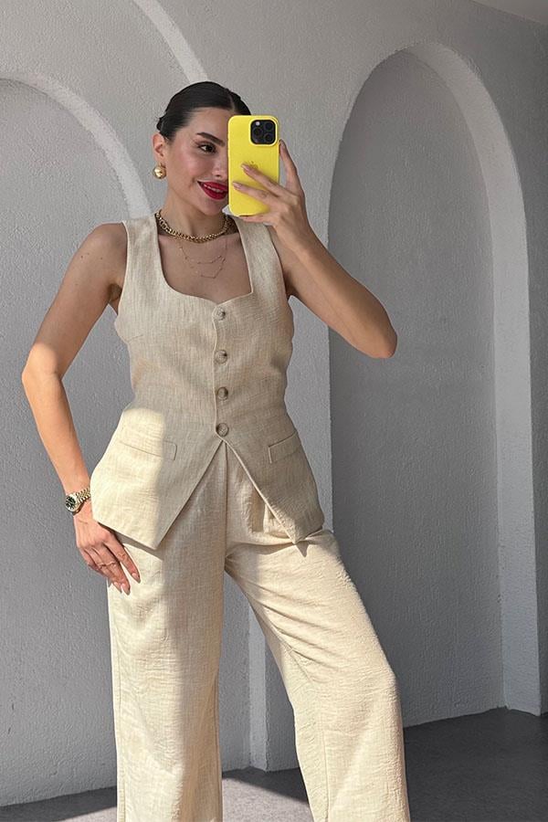 Kenyon Keten Yelekli Pantolon Takım-Krem
