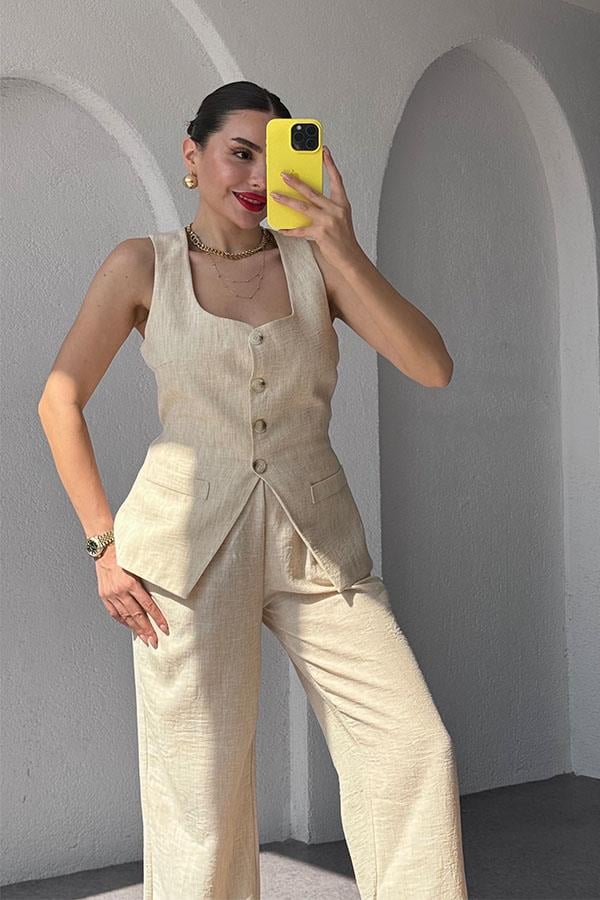 Kenyon Keten Yelekli Pantolon Takım-Krem