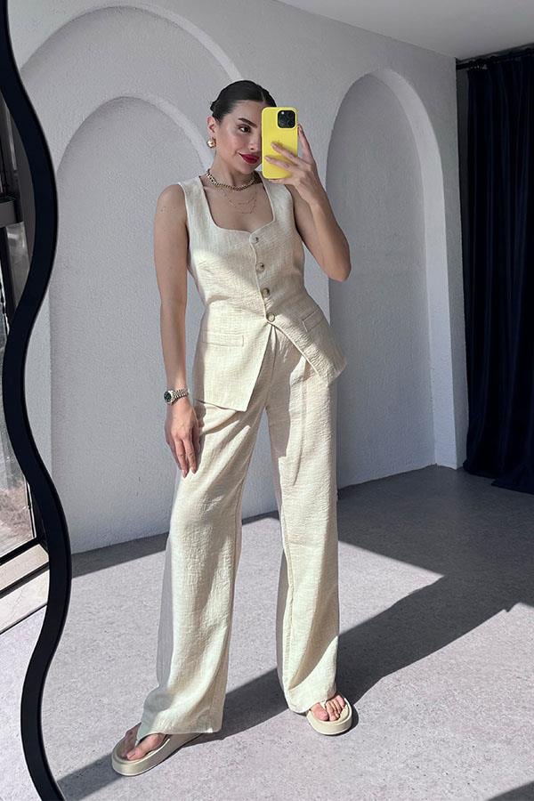 Kenyon Keten Yelekli Pantolon Takım-Taş