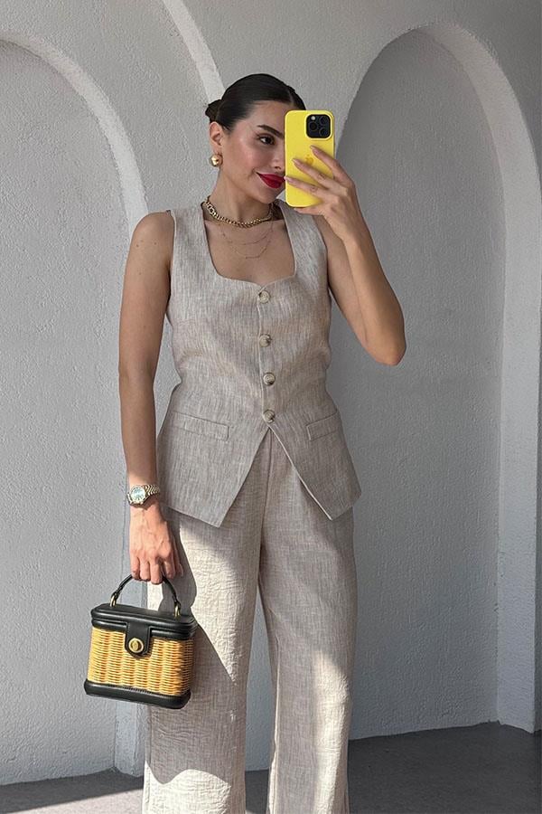 Kenyon Keten Yelekli Pantolon Takım-Taş