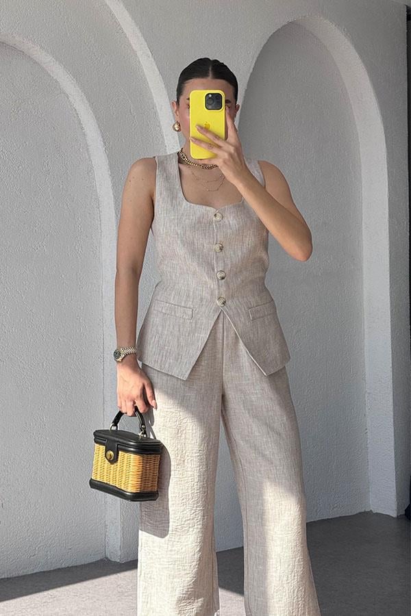 Kenyon Keten Yelekli Pantolon Takım-Taş