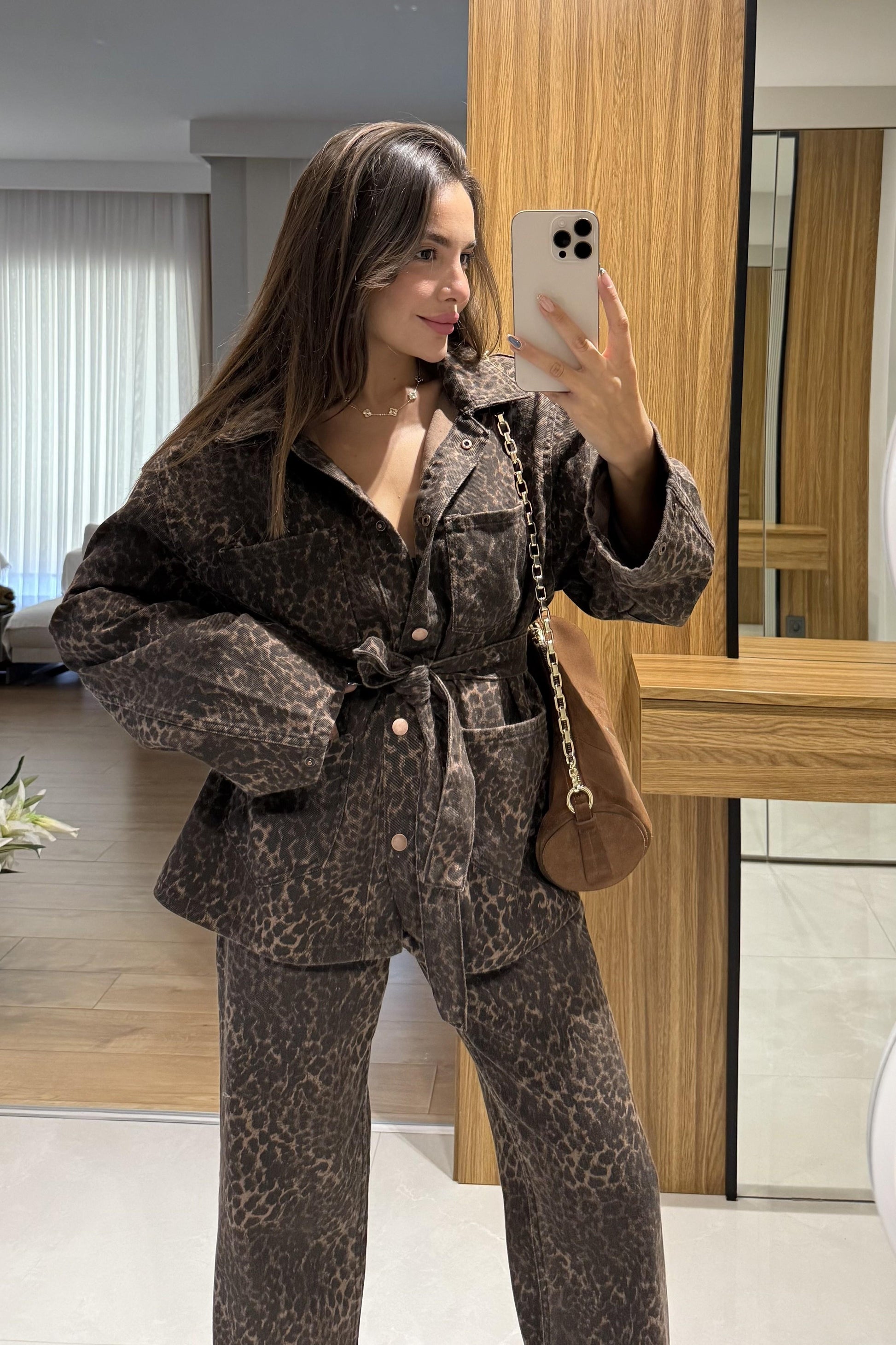 Keona Kahverengi Leopar Kemerli Ceket