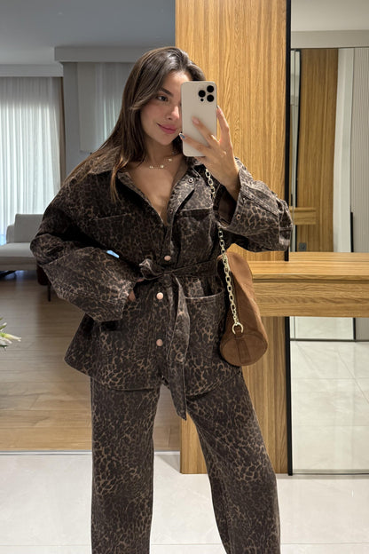 Keona Kahverengi Leopar Kemerli Ceket