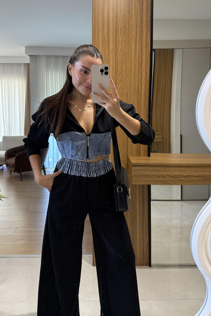 Kerry Siyah Denim Karışımlı Takım