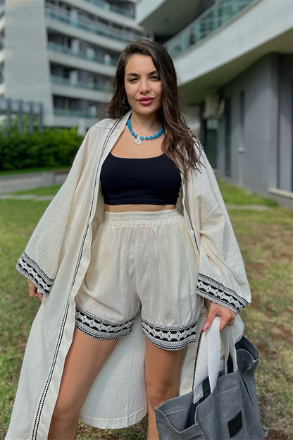 Keten ekru nakışlı kimonolu takım