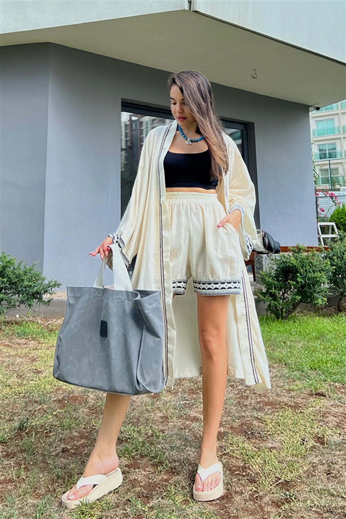 Keten ekru nakışlı kimonolu takım