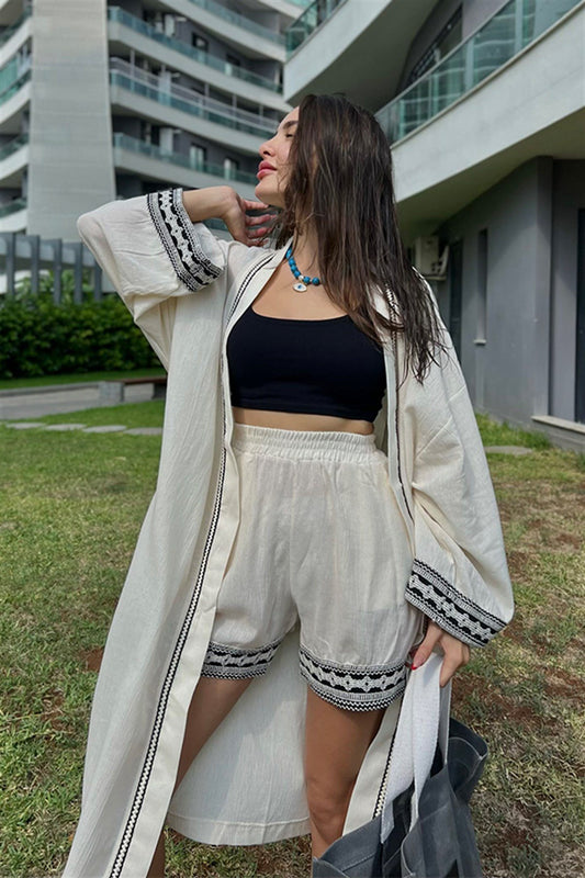 Keten ekru nakışlı kimonolu takım