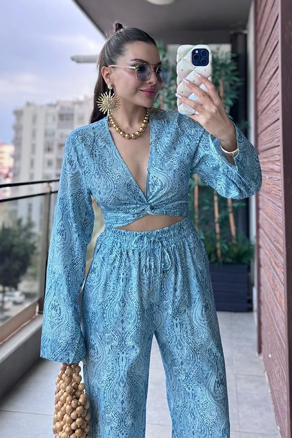 Ketling Renkli Etnik Desenli Pantolon Crop Takım