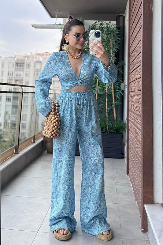 Ketling Renkli Etnik Desenli Pantolon Crop Takım