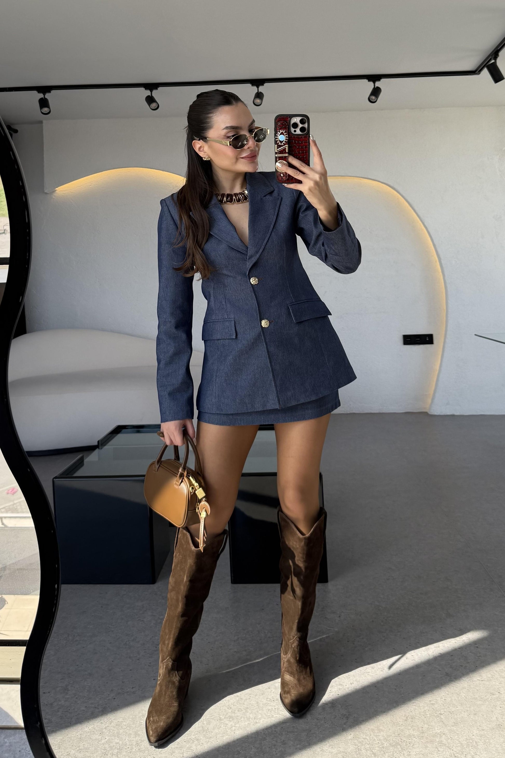 Kiana Gold Düğmeli Denim Efektli Takım