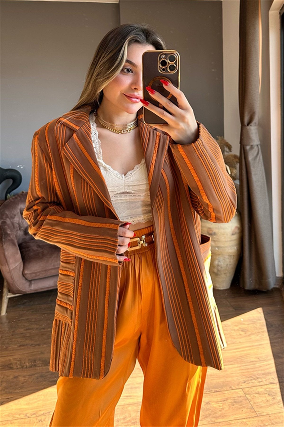 Kiremit çizgili blazer ceket