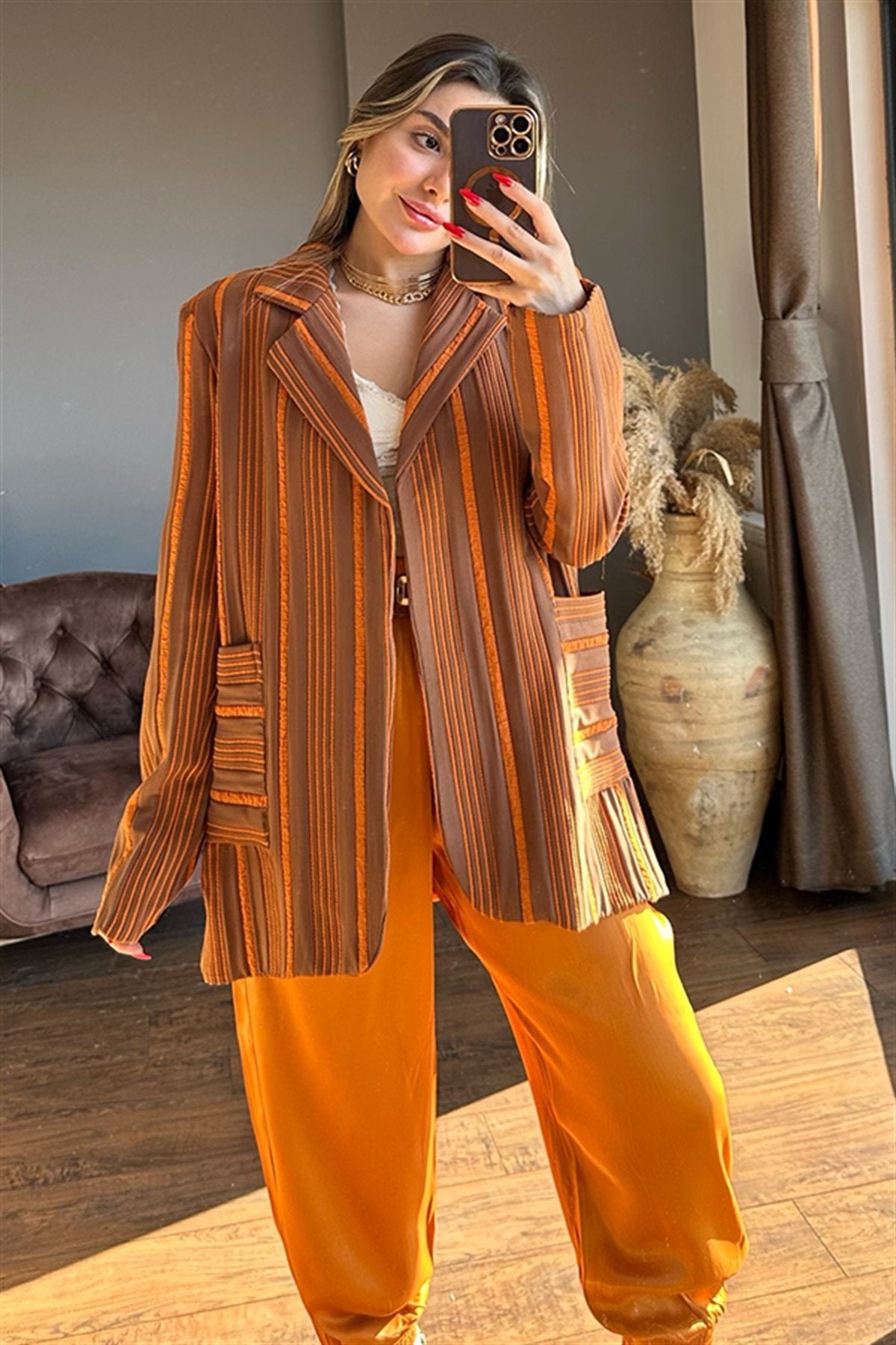 Kiremit çizgili blazer ceket