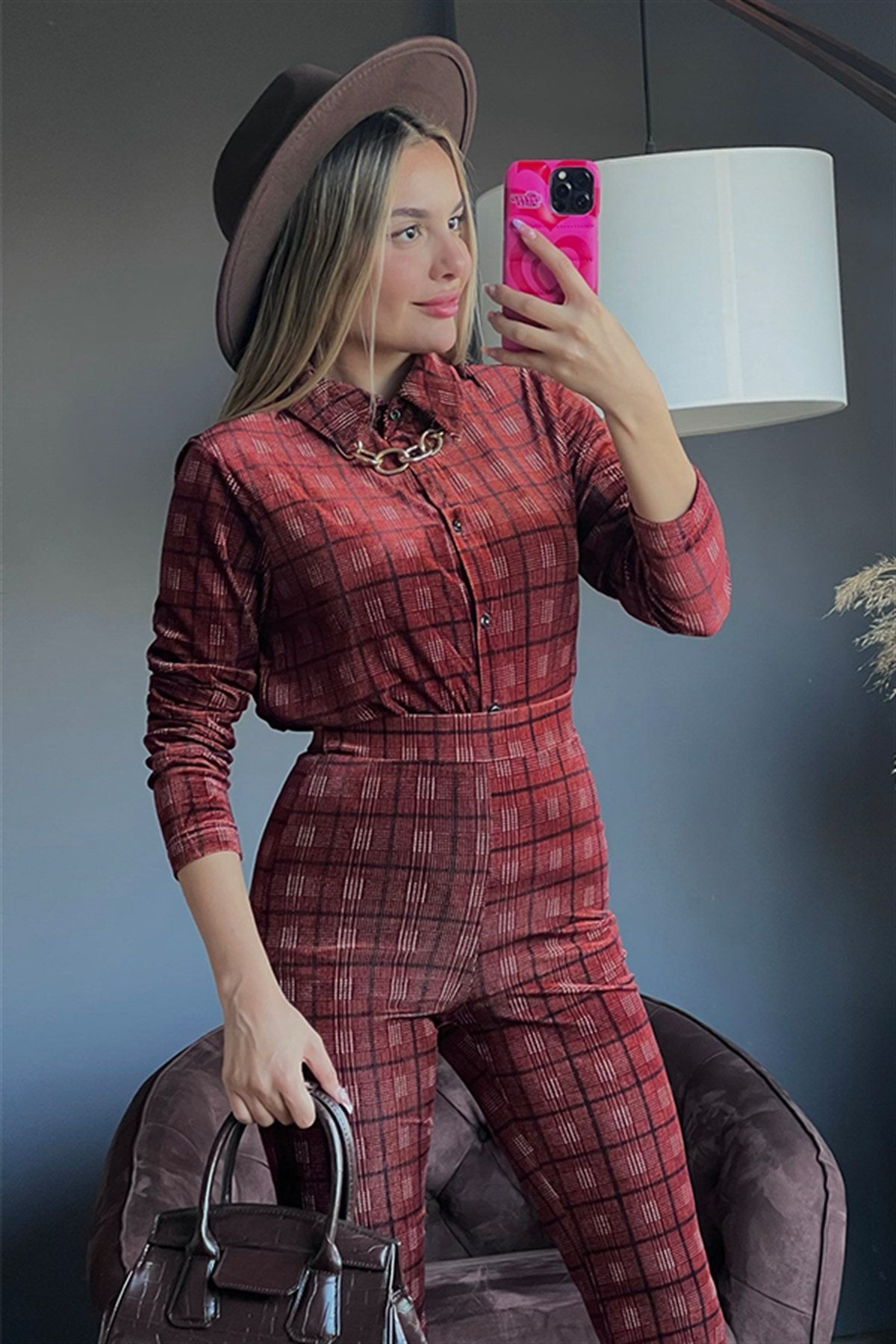 Kiremit renk kadife ikili takım